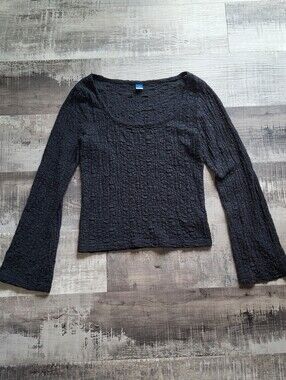 OLD NAVY Black Stretch TEXTURED LACE Bell Sleeve BOHO Top Medium Scoop Neck